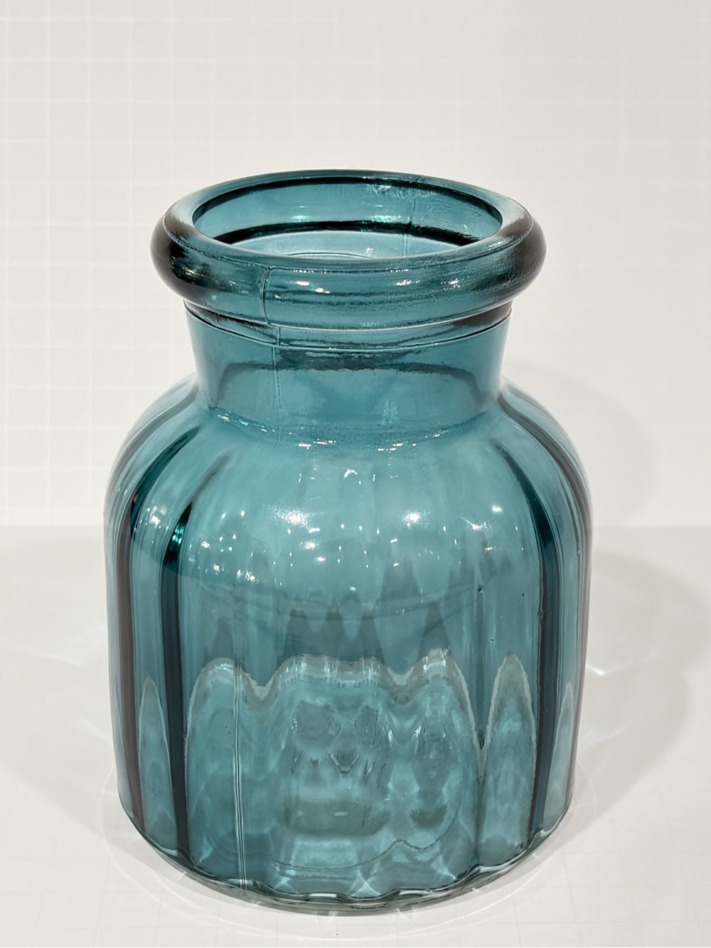 Vintage Ribbed Texture blue Glass Vase Referred To As An "Ivy Jar"